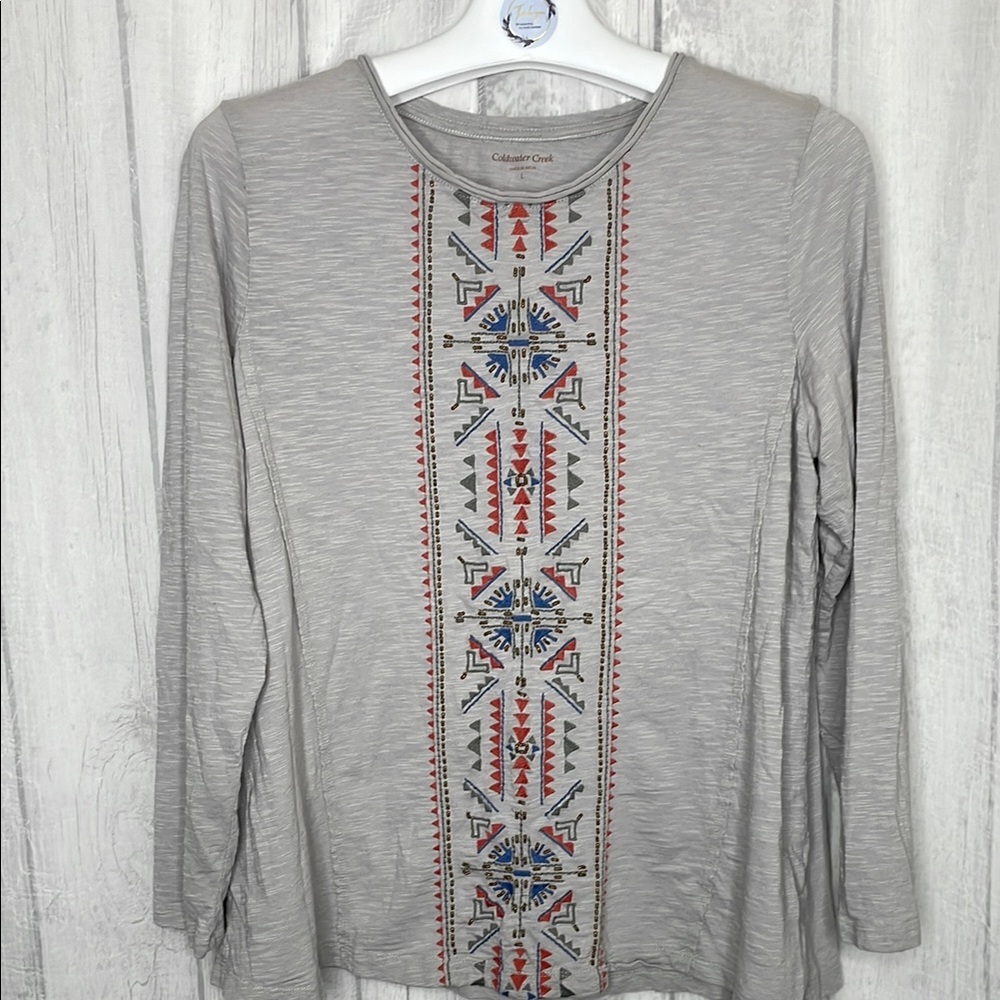 Coldwater Creek Gray Embroidered/Beaded Women's Top